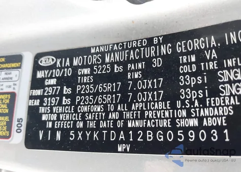 2011 Kia Sorento Lx из США, поврежденный, VIN 5XYKTDA12BG059031